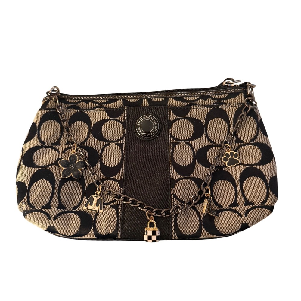 Coach Signature Monogram Canvas Added Charm Chain Wristlet Clutch 1941 Logo - Picture 2 of 9